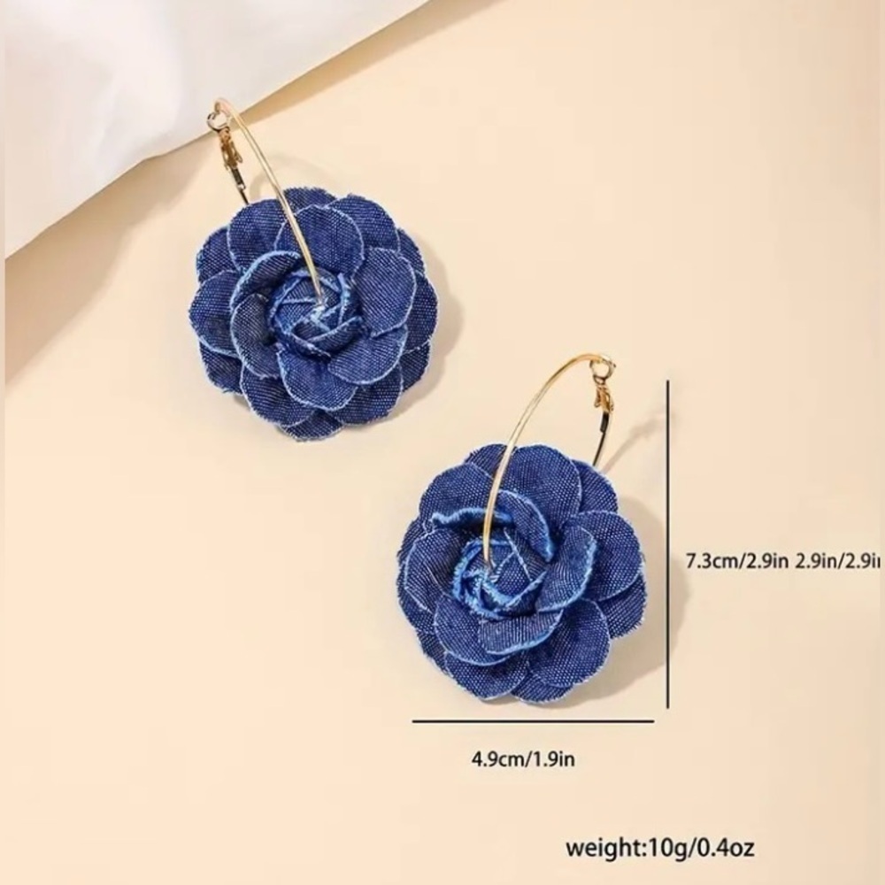 Gorgeous Denim Rose Hoop Earrings - Picture 4 of 4